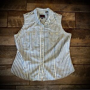 Roper Blue and White Western Striped Sleeveless snap front shirt L